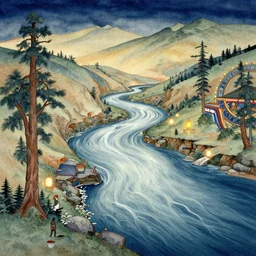 A Mystic River, The River Is Full of Lights, Mysticism, Artwork, Tibetan Painting, Watercolor, Indian Art, Cinematic, Tri-X 400 TX, Exposure, Slit-Scan Photography, 2-Dimensional, 4k, Ultra-HD, Incandescent, Ray Tracing Reflections, insanely detailed and intricate, hypermaximalist, elegant, ornate, hyper realistic, super detailed:: watermark:: blurry:: cropped:: blur:: blurry:: out of focus:: by Dorothea Tanning, by Rene Magritte, by Victto Ngai