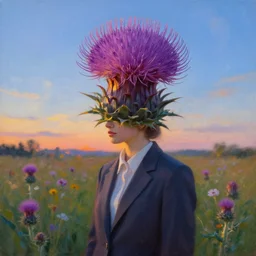 portrait, enormous thistle flower under the head, a girl in a suit in a field of flowers, surreal photography, sunrise, blue sky, dramatic light, impressionist painting, digital painting, artstation, simon stalenhag