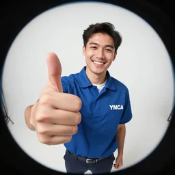 ymca worker smiling and giving a big thums up. fisheye lens