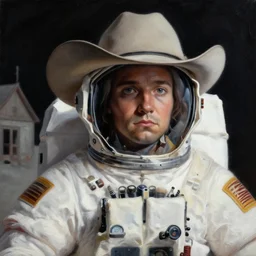 beautiful lifelike studio close - up painting of a cowboy astronaut, in a abandoned old town on the moon. perfectly shaded lighting, expressive!!!! creative!!!!! very very coherent, trending on artstation, greg rutkowski, hyper detailed, 4 k, high quality, smooth, sharp focus