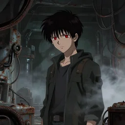 1 9 9 7 anime dystopian movie still : : mechanical old hall interior art : : young guy villain red eyes : : rusty future cables lab shadowed background : : looking sad, fog and smoke