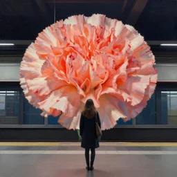 giant carnation flower head, woman standing in metro station, surreal photography, dramatic light, impressionist painting, digital painting, artstation, simon stalenhag