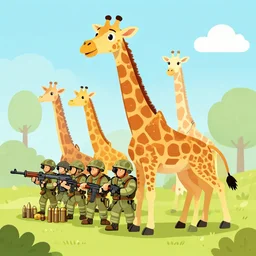 giraffe army, guns and ammo, illustration, cartoon