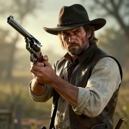 a digital portrait of a human hunter from hunt showdown, holding a revolver, western era, hyper realistic, horror, back lighting, luisiana, in the style of greg rutkowski,