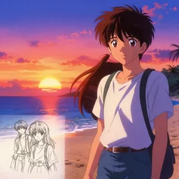 sunset at the beach, top gun, sprite, vaporwave nostalgia, directed by beat takeshi, visual novel cg, 8 0 s anime vibe, kimagure orange road, maison ikkoku, sketch by osamu tezuka, directed by makoto shinkai and beat takeshi