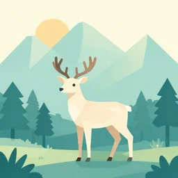 minimalistic deer in a geometric design, in the background there are isometric mountains and forest with sun behind the top, trending on artstation, cute digital art,