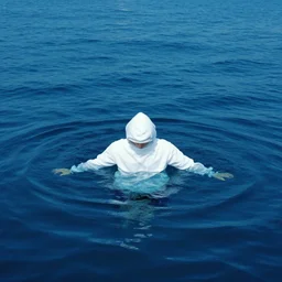 a guy with white hoodie drowning in the abyss of the sea, very deep, by van gogh