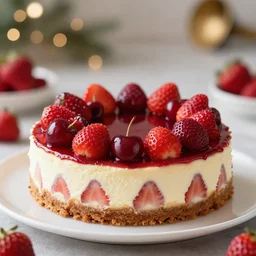 high quality presentation photo of stawberry and cherry cheesecake, photography 4k f1.8 anamorphic bokeh 4k Canon Nikon