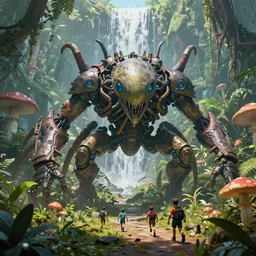 realistic attack of giant bugs with few element of alien cyberpunk armor in a crazy alien jungle forest, huge waterfall, tiny humans running, mushrooms, by moebius!!!!! alphonse mucha, ayami kojima, amano, greg hildebrandt, and mark brooks, art nouveau!!!!! cyberpunk, neo - gothic, gothic, character concept design,