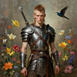 portrait of a skinny punk barbarian wearing armor by simon bisley, john blance, frank frazetta, fantasy, thief warrior, floral flowers colorful