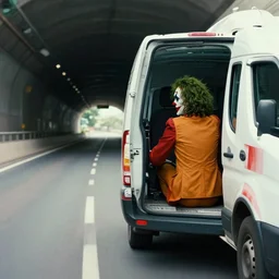 joker in the back of an open van driving down the road through as tunnel splash art graphic design color splash high contrasting art, fantasy, highly detailed, art by greg rutkowski
