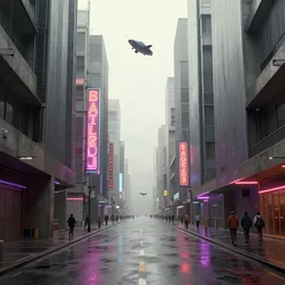 photorealistic streetscape, simple brutalist architecture, metal, concrete, wet streets, neon lights, neon signs, flying vehicles, pedestrians, greg rutkowski, syd mead, ralph mcquarrie, concept art, matte painting, finely detailed, minimal artifacts, rule of thirds, dynamic lighting, cinematic, denoised, centered, artstation