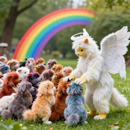 about a hundred rainbows and a furry, democratic angel visibly petting each other over a park