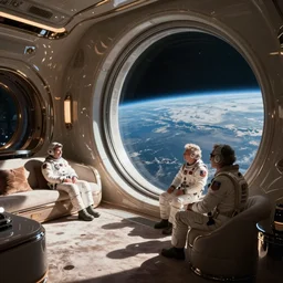 sci-fi scene of space tourists in glamourous spaceship bedroom looking out large circular window at earth orbit By Emmanuel Lubezki