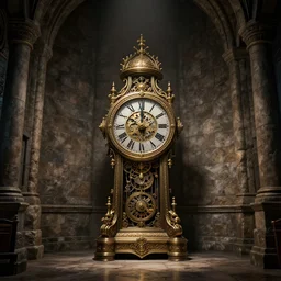 cyberpunk antique mechanical clock placed far away in a the corner of a big castle chamber with massive stone walls, in the style of a movie by tim burton,, high details, cinematic, 8 k resolution, beautiful detailed, insanely intricate details, artstation trending, octane render, unreal engine