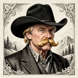 stephen fry, cowboy, big blond moustache, blond hair, black stetson hat, moutain in background, intricate, elegant, highly detailed, sharp focus, illustration, mandy jurgens, rutkowski, edward curtis