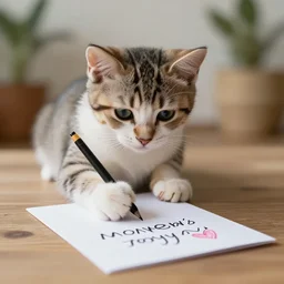 An adorable kitten writing a mother's day card
