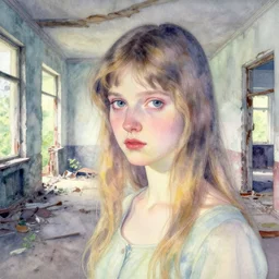 close up of a girl in a soviet liminal abandoned building, watercolor by victo ngai, by hammershøi, art noveau, highly detailed, lights by edward hopper, liminal, eerie, bright pastel colors
