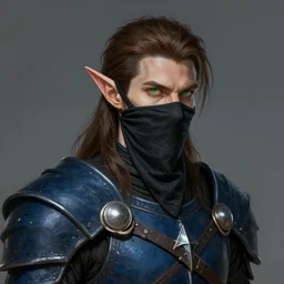 Male Wood Elf Rogue, dnd, d&d, dark blue leather armor, black bandana mask, Chest Guard, Brown Hair, green eyes, high fantasy,  , HD, Trending on Artstation. Head and Shoulder matte painting portrait by wlop