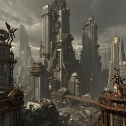 landscape of a steampunk metropolis, full of skyscrappers, buildings, robotic angel creatures, gritty, dirty, rusty, matte painting, by frank franzzeta
