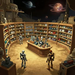 inside a store that sells robot parts, in a remote outpost, on a remote planet, from a point and click 2 d graphic adventure game, set design inspired slightly by tomb raider, art inspired by [ [ [ thomas kinkade ] ] ] and [ mark keathley ]