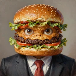 a monster with a hamburger head on a suit, hamburger monster, burger face, burger with human eyes, burger with a mouth, very detailed eyes, character concept art, fantasy, intricate, fantasy drawing, illustration, highly detailed, hyperrealistic, cgsociety, artstation, oil painting by greg rutkowski