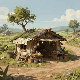 an concept art illustration, fantasy, makeshift shack store in the middle of a dirt road, style by wlop, trending in artstation, cgsociety, octane render, ultra sharp, 8 k