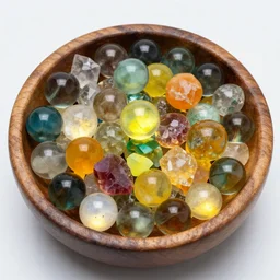 a wooden bowl full of multicolored crystal marbles, glowing crystals