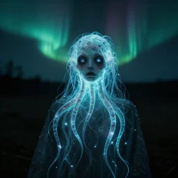 portrait of an ethereal glowing creature made of kirlian photography, tentacles, spooky eyes, aurora borealis in distance, influence by diatoms, photorealistic, highly detailed, moody, dark, cinematic, 8 k