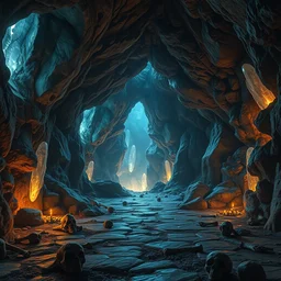 beautiful matte painting of the inside of a cave with glowing crystals on the walls and bones on the floor, fantasy, sharp focus