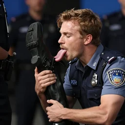 man licking the boots of a police officer with 😋