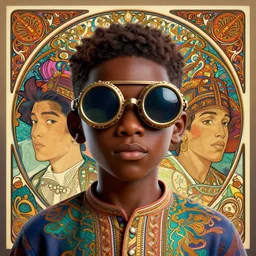 colourful vfx upper half - 3 d portrait - art of a nigerian boy wearing steam punk goggles, art by utagawa kunisada, james jean & alphonse mucha, symmetrical, intricate detail, concept art, volumetric light, ray tracing, caricature, digital illustration, octane 3 d render, 2 d - 3 d hybrid, unreal engine, sharp, pinterest, behance, art station,