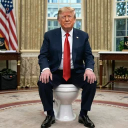 Donald Trump in presidential attire seated at a toilet in the oval office, addressing the nation 4k, high quality photograph