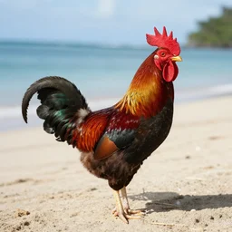 a photograph of a rooster standing on a Philippines beach