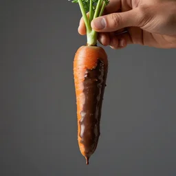 a carrot that is covered in melted chocolate, dripping chocolate, carrot held in a babz hand, studio lighting, 1 0 0 mm f / 4, by jim rakete