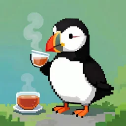 pixel art of a puffin drinking tea
