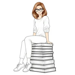 clean line art of a woman with light brown hair and glasses sitting on a tall pile of books. well composed, clean coloring book page, beautiful detailed face. coloring book line art by johanna basford and greg rutkowski