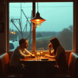 two person chill in restaurant, color and shape focus, natural light, bloom, puff, by simon stalenhag and joseph cornell