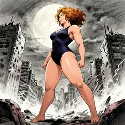 thicc scarlett johansson afro samurai anime style, full body profile, dynamic wide angle lens, manga style, greg rutkowski, pencil and ink, full moon lighting, fully clothed swim suite, in a post apocalyptic city