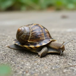 A wide shot of a snail in the form of a turtle