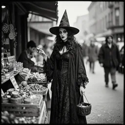 dramatic full portrait daguerreotype photo of a beautiful female witch shopping in a new york street, detailed and creepy, by bruce gilden, by annie leibovitz, by diane arbus for spicy mystery stories pulp magazine