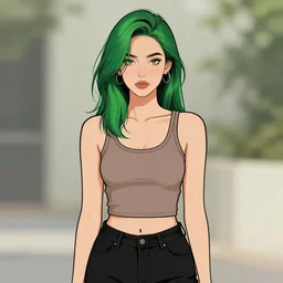 portrait of a cool girl with green hair, a 7 8 4 3 hairstyle, wearing a tanktop and black jeans, highly detailed, stylized, portrait, concept art, vector line art, natural lighting, illustration, artstation