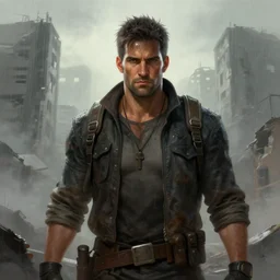 battle hardened, charismatic, ruggedfallout 5 male character, face centered portrait, confident, ruined cityscape, fog, rain, volumetric lighting, illustration, perfectly shaded, soft painting, art by leesha hannigan, ross tran, thierry doizon, kai carpenter, ignacio fernandez rios