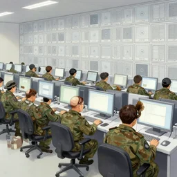 shigeru komatsuzaki draws a wall of computer consoles with army men in foreground painted by shigeru komatsuzaki