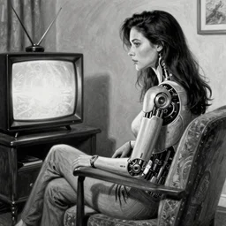 Cyborg, posthuman, cybernetically augmented human, sitting in living room chair, watching black and white TV, drawn by Norman Rockwell