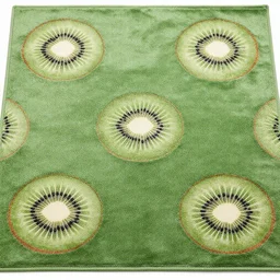 professional close - up photo of green persian rug texture with huge kiwi fruits ornaments, top view, symmetrical, beautiful, square