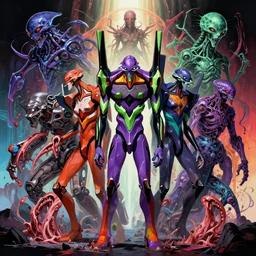 angels still from evangelion ; humans being devoured ; aliens, robotic machines, gods, bio - mechanical intelligences, glitch creatures, dmt entity ; lsd art, trending on artstation, style greg rutkowski