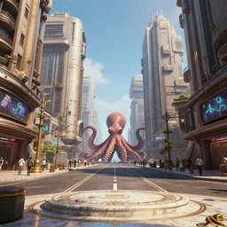 tall dieselpunk buildings on a long street, a giant octopus monster surrounded by people, telephone wires between the buildings, signs and flatscreens, a flat ornate marble step down from the street, newpaper boxes, dust red sun set light, dslr, hdr, octane render, 3 d shading, cgsociety, horde 3 d, volumetric lighting, ray tracing, 3 dexcite, zbrush