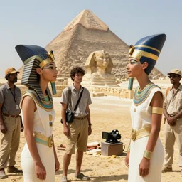 a rare candid scene taken of the actors playing young queen nefertiti and tutankhamun at the construction of the khufu pyramid talking to workers from the latest award winning ron howard film before they were pharohes, dslr