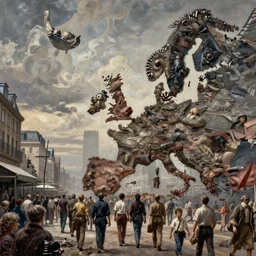 futurist communist revolution on the streets of europe, fine art highly detailed matte painting masterpiece, robert doisneau dorothea lange, dramatic moody lighting, long shot, wide angle, uhd 8 k, sharp focus